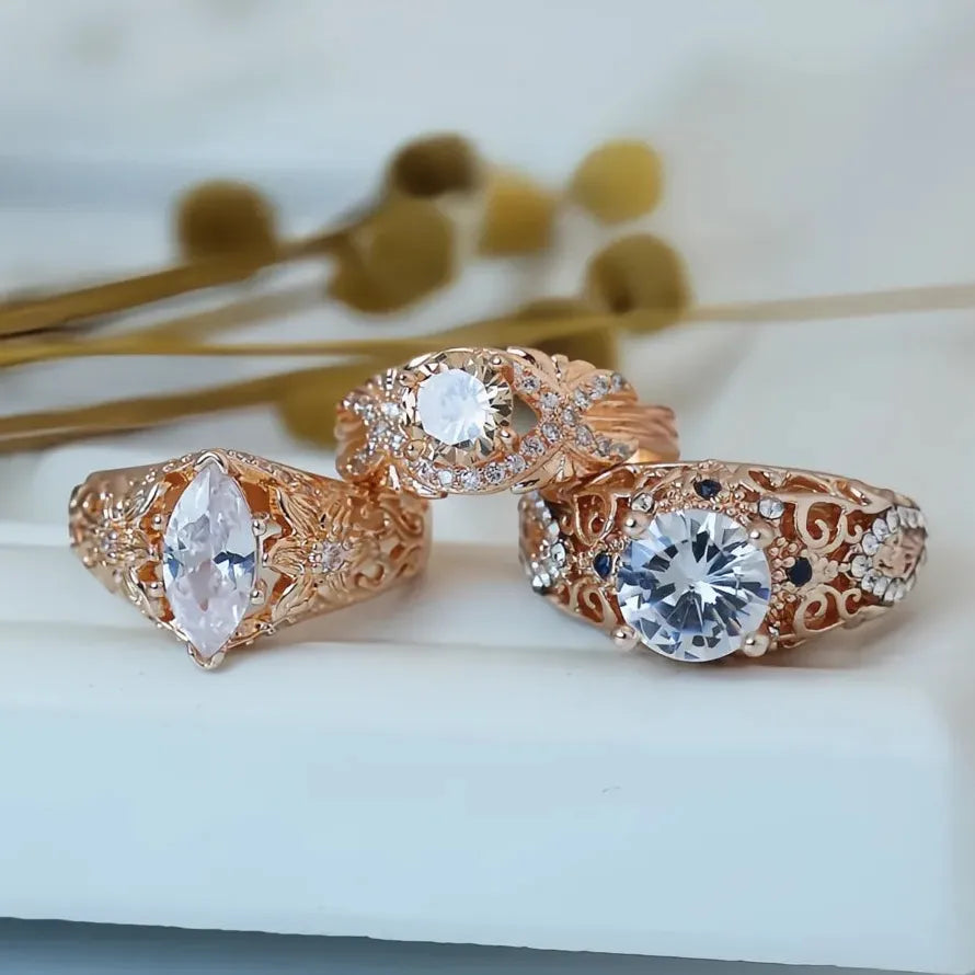 Rose Gold Flower Zircon Engagement Wedding Ring Zinc Alloy Luxury Jewelry