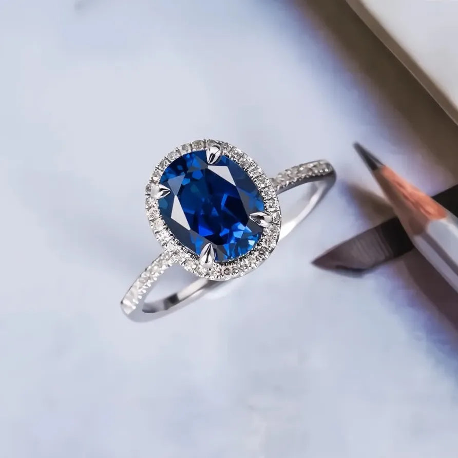 Classic Oval Dark Blue AAA Cubic Zirconia Pave Wedding Engagement Ring