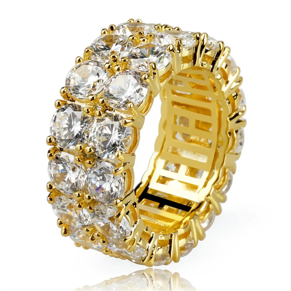 2 Row CZ Solitaire Ring – Iced Out Round Band Hip Hop Ring for Men Women