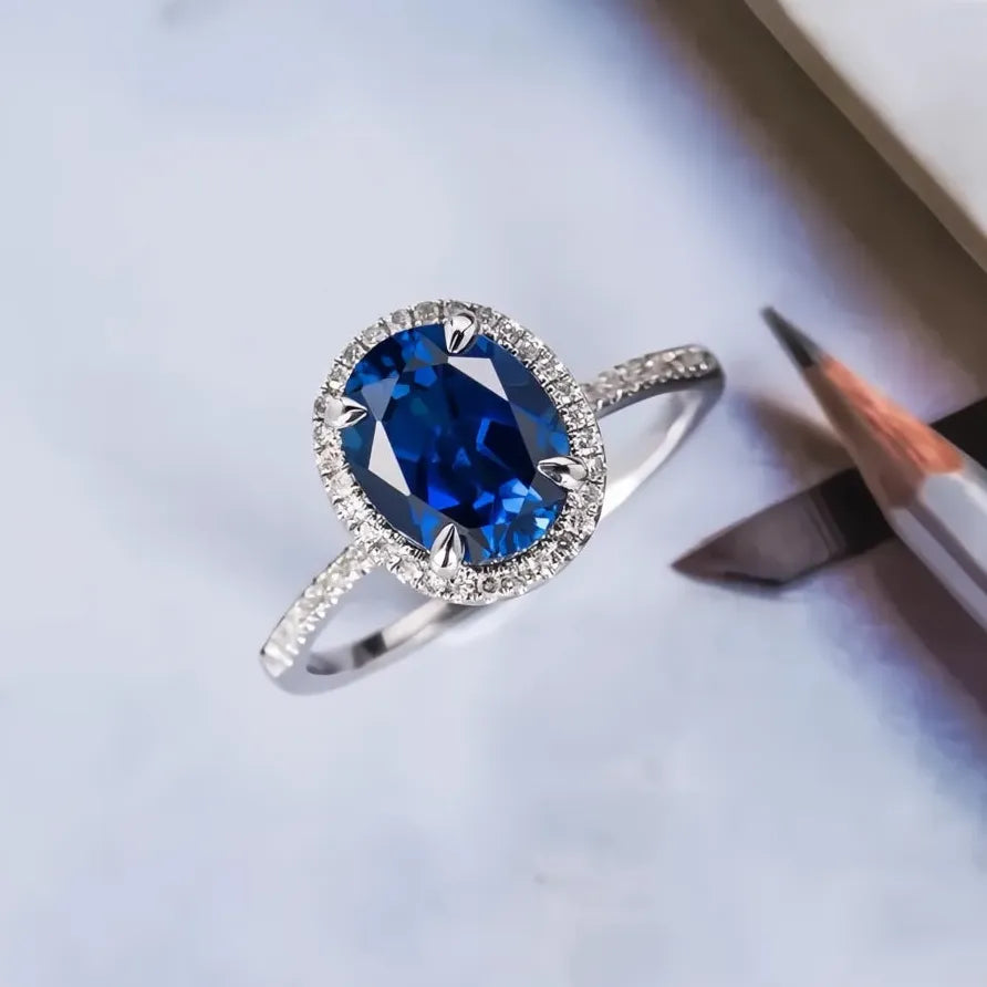 Classic Oval Dark Blue AAA Cubic Zirconia Pave Wedding Engagement Ring