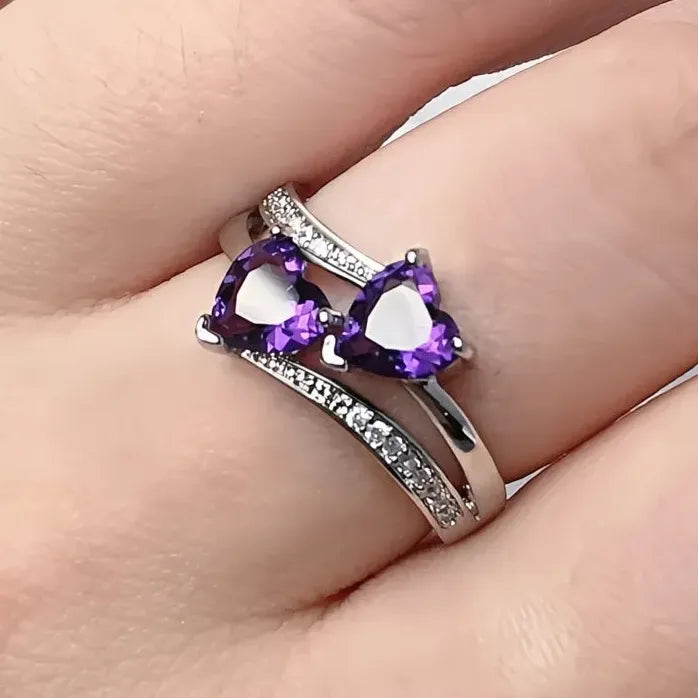 Silver-Plated Double Heart Cubic Zirconia Wedding Ring for Women Gift