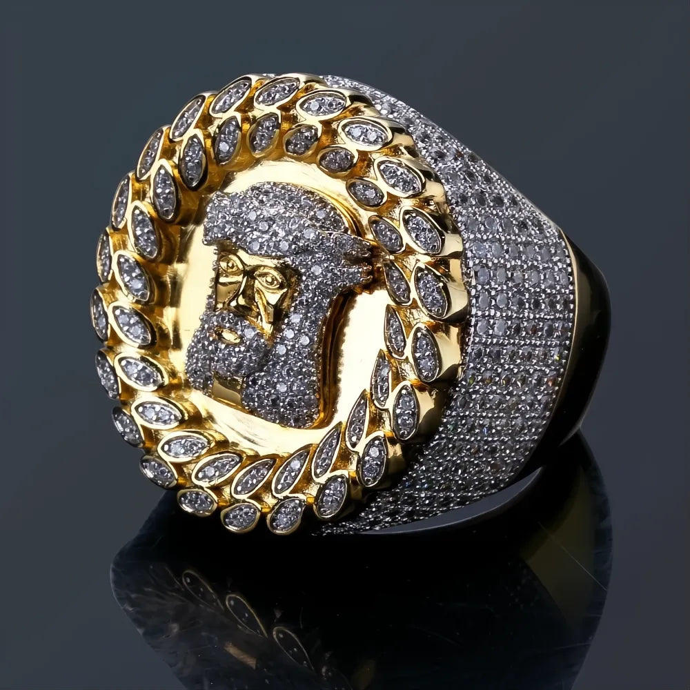 Men’s Iced Out Jesus Ring | Gold Color Micro Pave AAA CZ Hip Hop Bling Jewelry