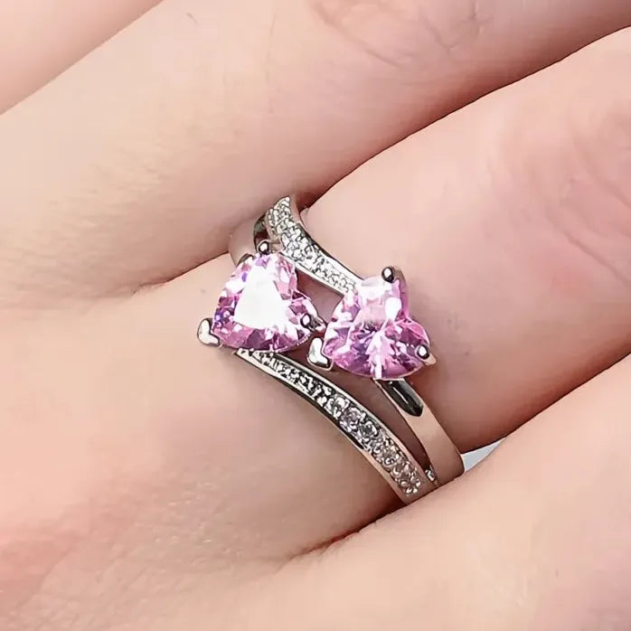 Silver-Plated Double Heart Cubic Zirconia Wedding Ring for Women Gift