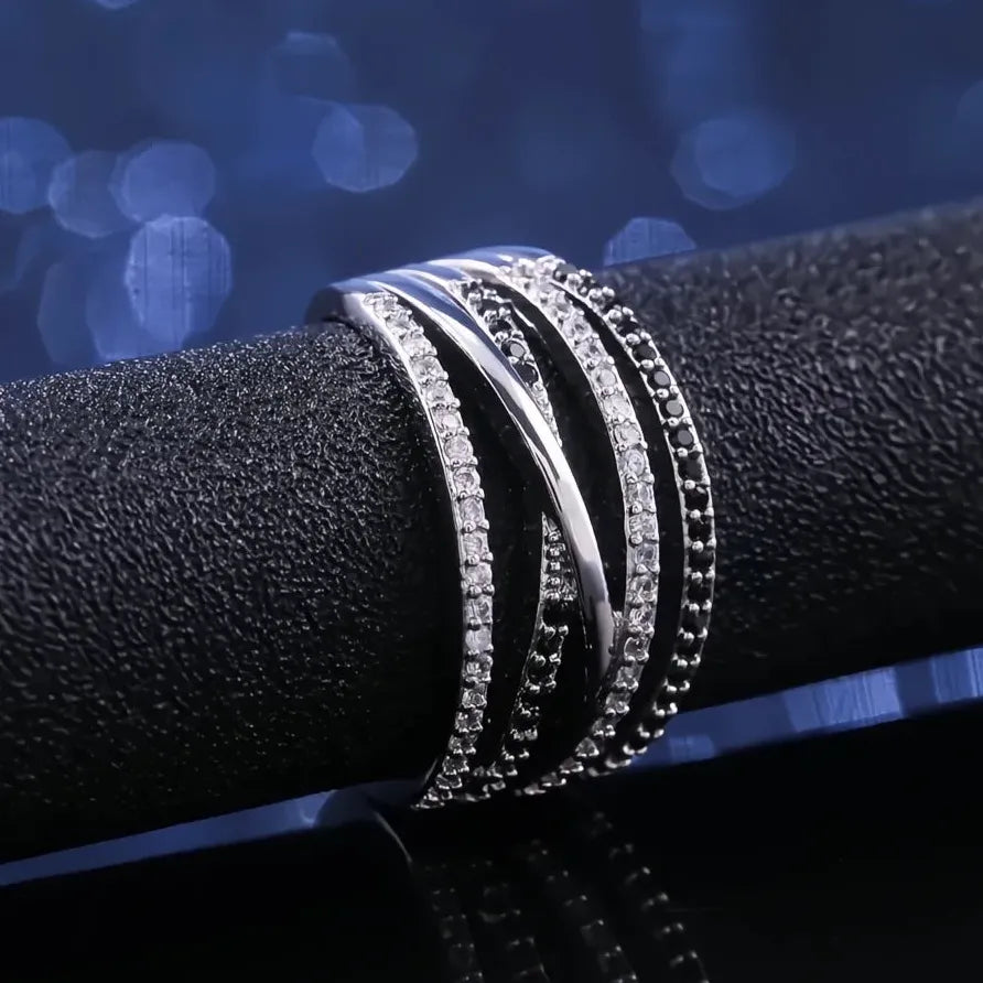 Layered Personality Ring with Black & White Zircon Birthday Gift for Women