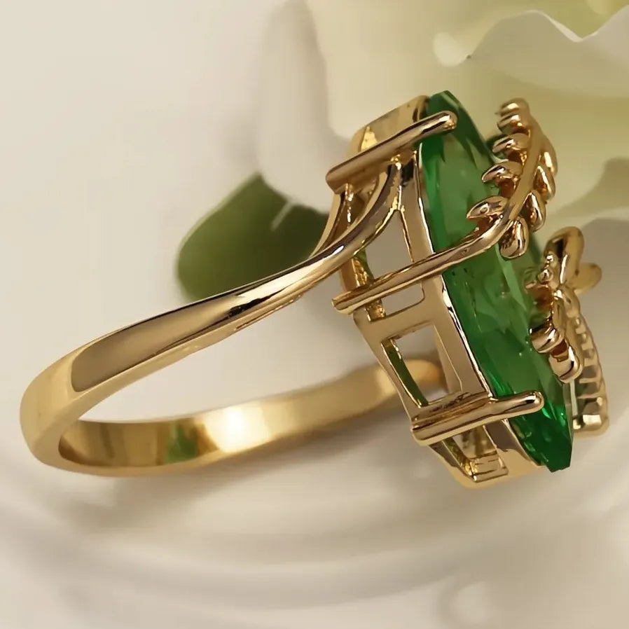 18K Rose Gold Plated Olive Green Dragonfly Twine Oval Wedding Ring Women
