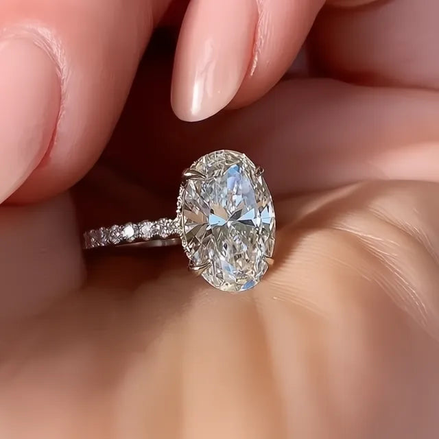 Oval Finger Ring Band with Dazzling CZ Stone Four Prong Setting Classic Wedding Anniversary Gift for Women