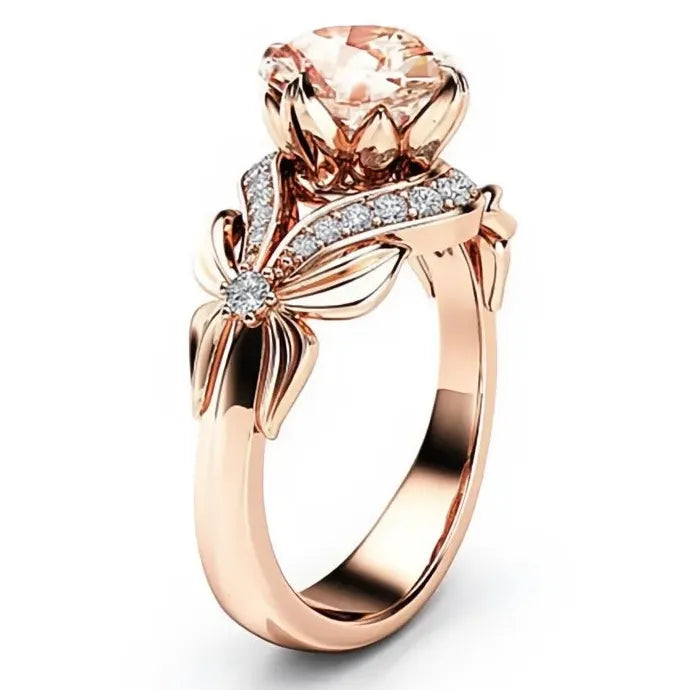Rose Gold Flower Zircon Engagement Wedding Ring Zinc Alloy Luxury Jewelry