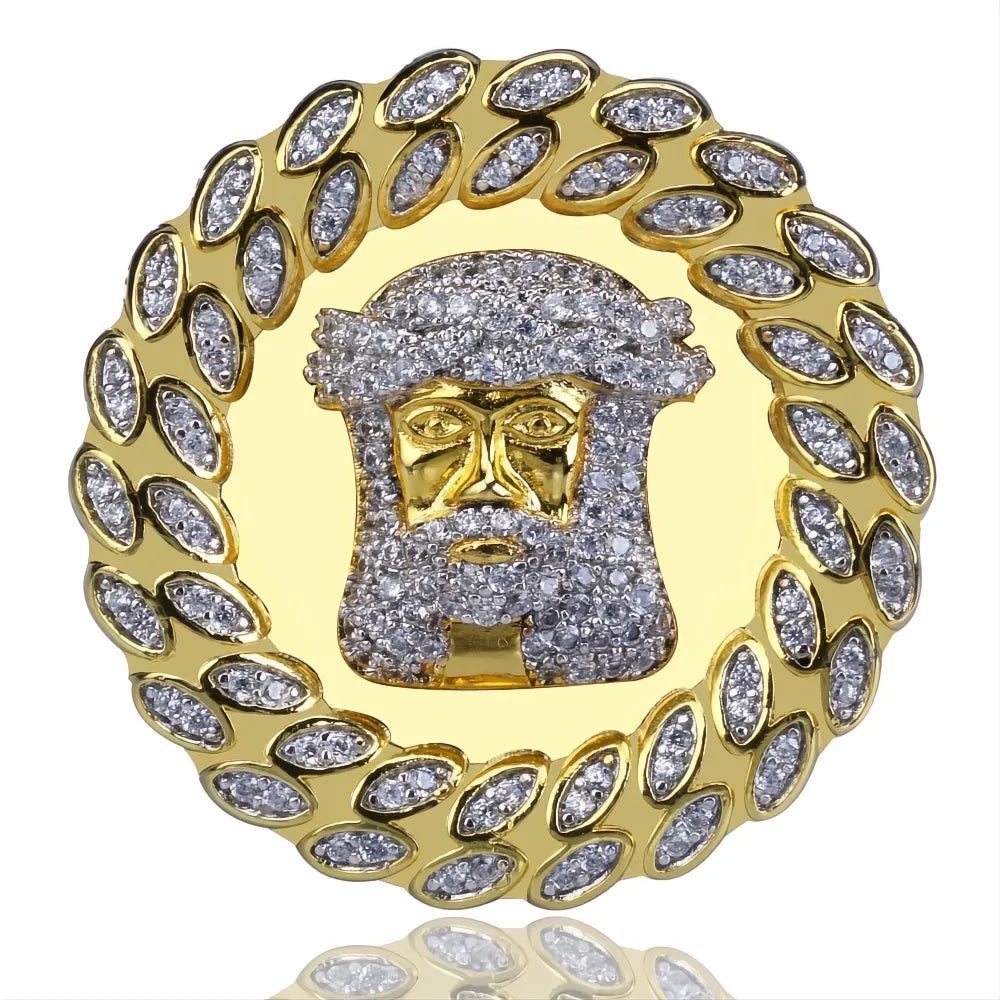 Men’s Iced Out Jesus Ring | Gold Color Micro Pave AAA CZ Hip Hop Bling Jewelry