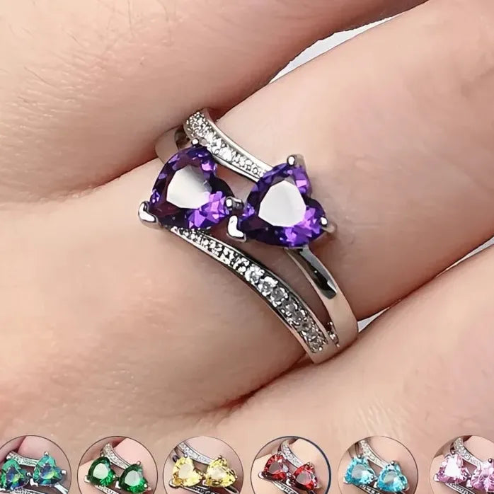 Silver-Plated Double Heart Cubic Zirconia Wedding Ring for Women Gift