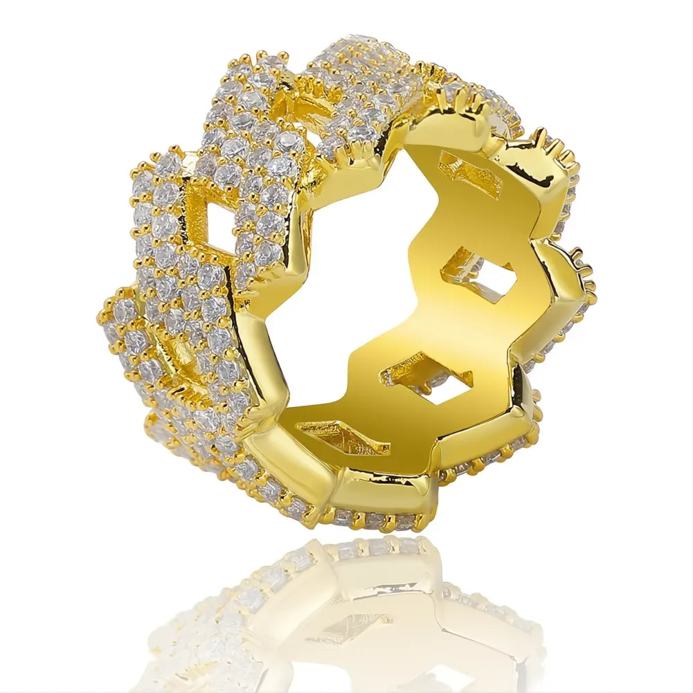 Hip Hop Iced Out Cuban Ring for Men – Prong Set CZ Gold Silver Color Bling Ring