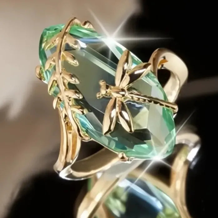 18K Rose Gold Plated Olive Green Dragonfly Twine Oval Wedding Ring Women