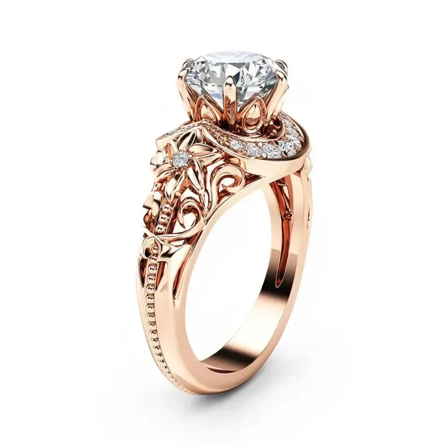 Rose Gold Flower Zircon Engagement Wedding Ring Zinc Alloy Luxury Jewelry