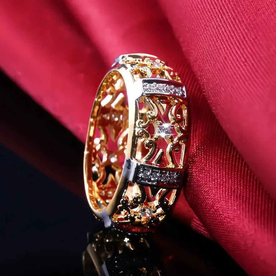 Ethnic Style Gold Hollow Band Ring with Geometric Cubic Zirconia Unisex
