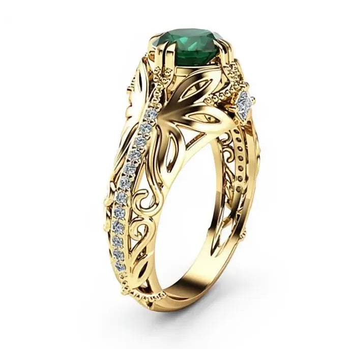 Vintage Gold Brass Women's Ring Plant Motif AAA Cubic Zirconia Prong Setting Jewelry