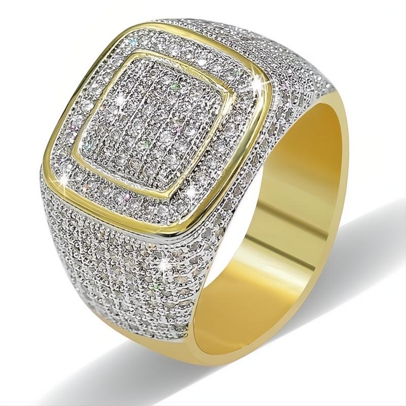 Iced Out Micro Pave CZ Square Ring 3A+ Cubic Zirconia Hip Hop Gold Men’s Jewelry