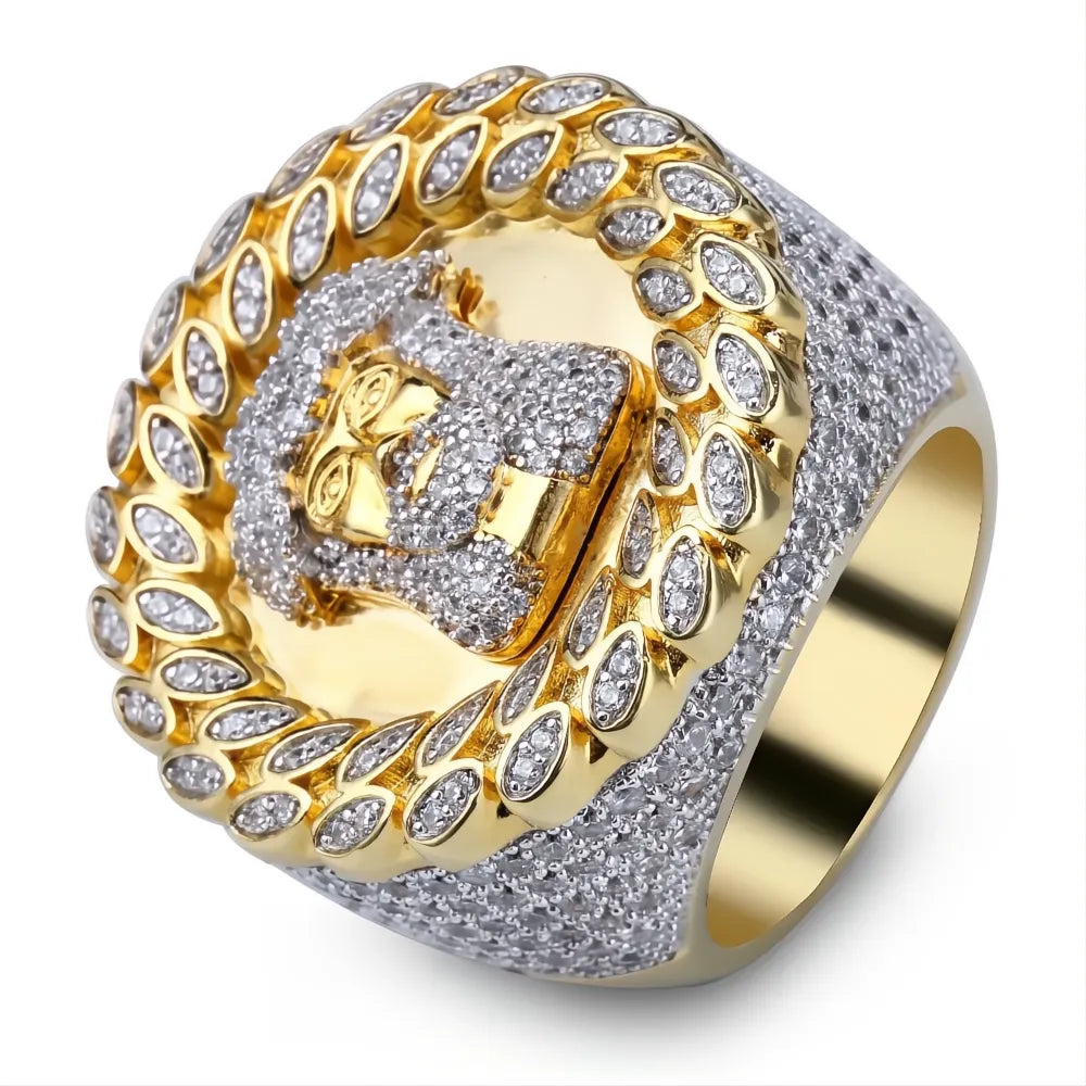 Men’s Iced Out Jesus Ring | Gold Color Micro Pave AAA CZ Hip Hop Bling Jewelry