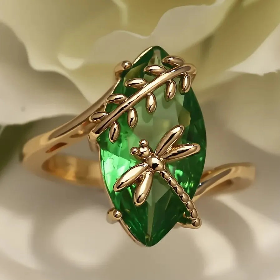18K Rose Gold Plated Olive Green Dragonfly Twine Oval Wedding Ring Women