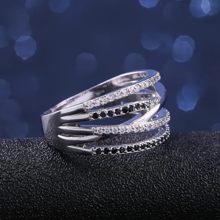 Layered Personality Ring with Black & White Zircon Birthday Gift for Women