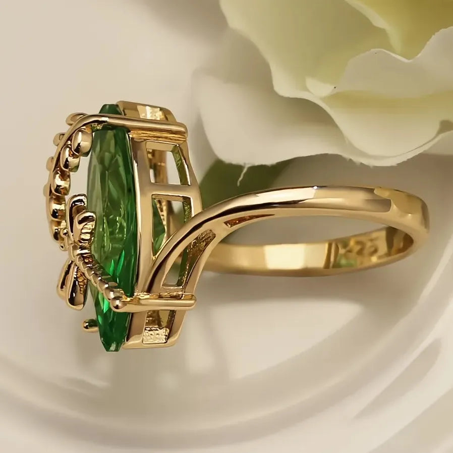 18K Rose Gold Plated Olive Green Dragonfly Twine Oval Wedding Ring Women