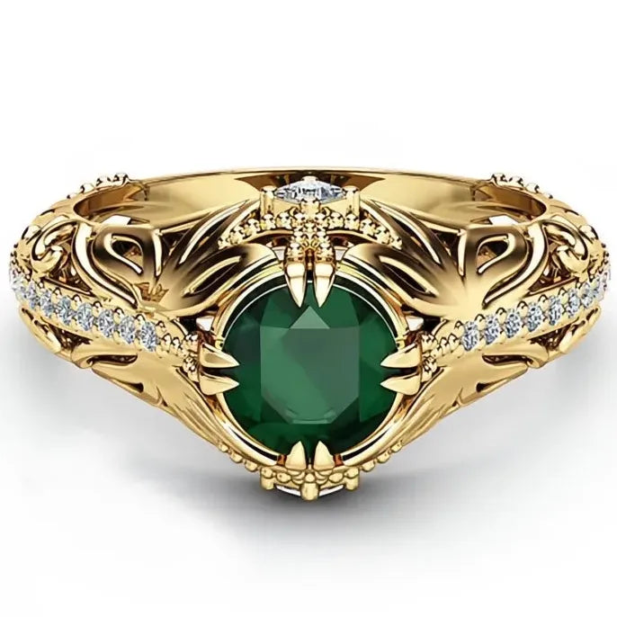 Vintage Gold Brass Women's Ring Plant Motif AAA Cubic Zirconia Prong Setting Jewelry
