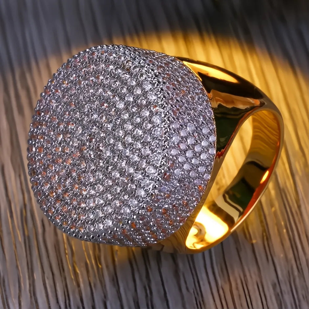 Hip Hop Iced Out Bling Ring – Gold Color Micro Pave CZ Round Ring for Men