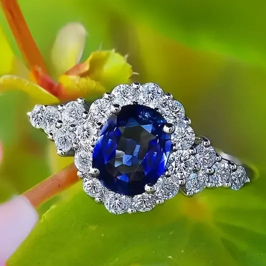 Vintage Boho Oval Ring with Deep Blue Cubic Zirconia Gemstone for Women