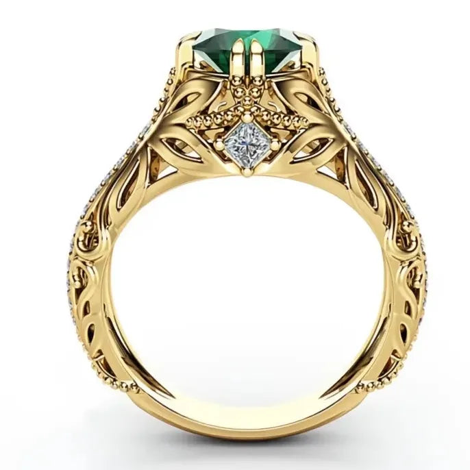 Vintage Gold Brass Women's Ring Plant Motif AAA Cubic Zirconia Prong Setting Jewelry