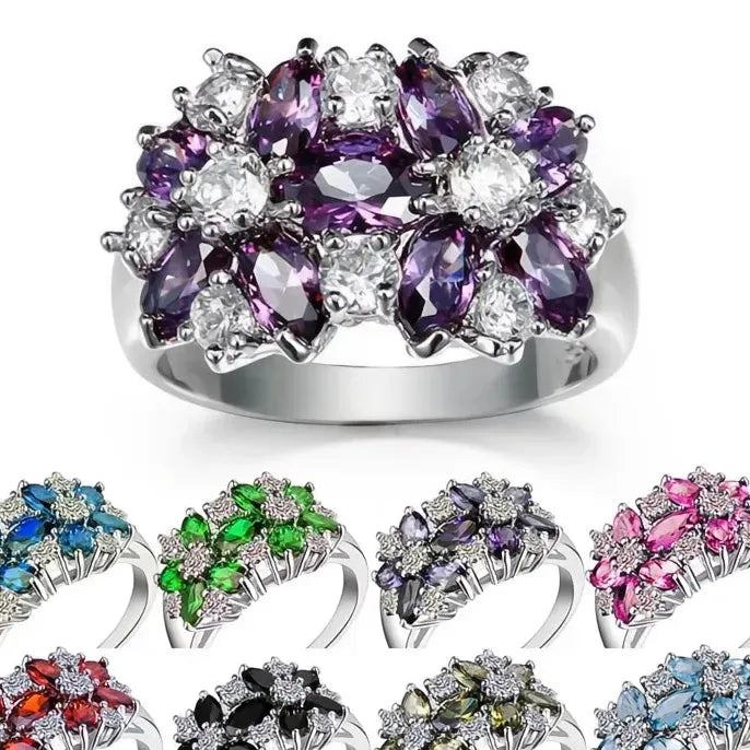 Luxury Brass Flower Ring with Cubic Zirconia for Women Valentine's Gift