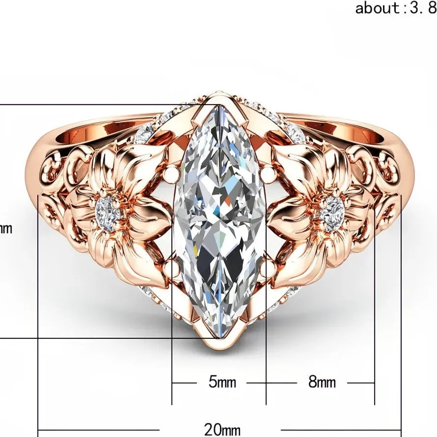 Rose Gold Flower Zircon Engagement Wedding Ring Zinc Alloy Luxury Jewelry