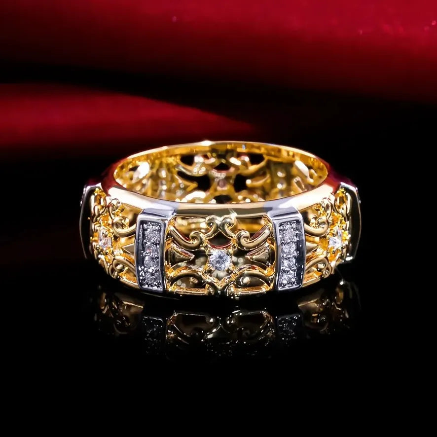 Ethnic Style Gold Hollow Band Ring with Geometric Cubic Zirconia Unisex