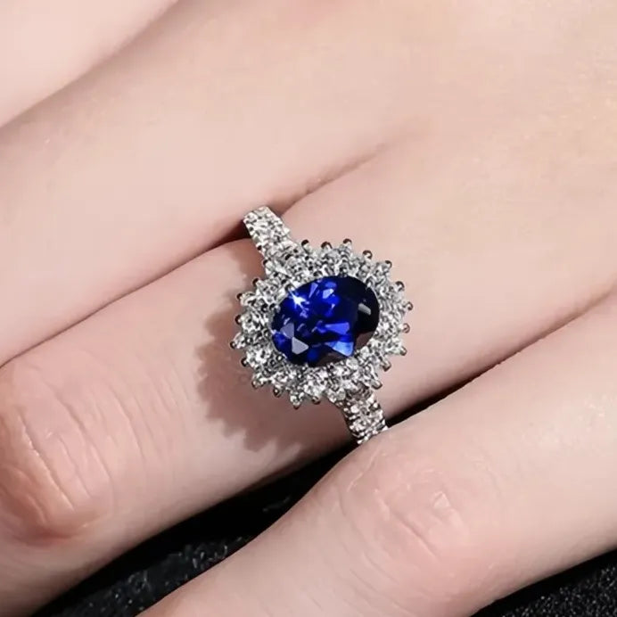 Oval Cut Blue Cubic Zirconia Brass Ring Women Wedding Anniversary Jewelry