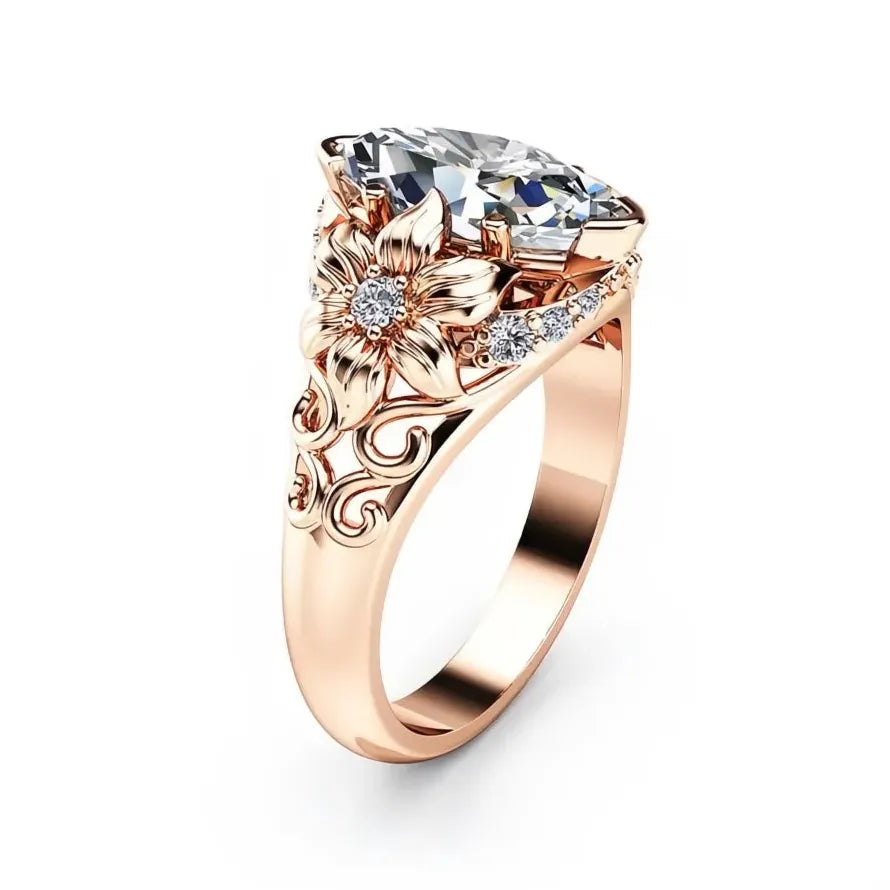 Rose Gold Flower Zircon Engagement Wedding Ring Zinc Alloy Luxury Jewelry