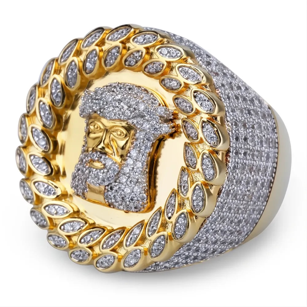 Men’s Iced Out Jesus Ring | Gold Color Micro Pave AAA CZ Hip Hop Bling Jewelry