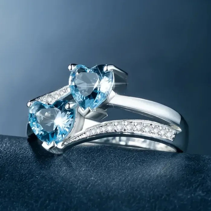 Silver-Plated Double Heart Cubic Zirconia Wedding Ring for Women Gift