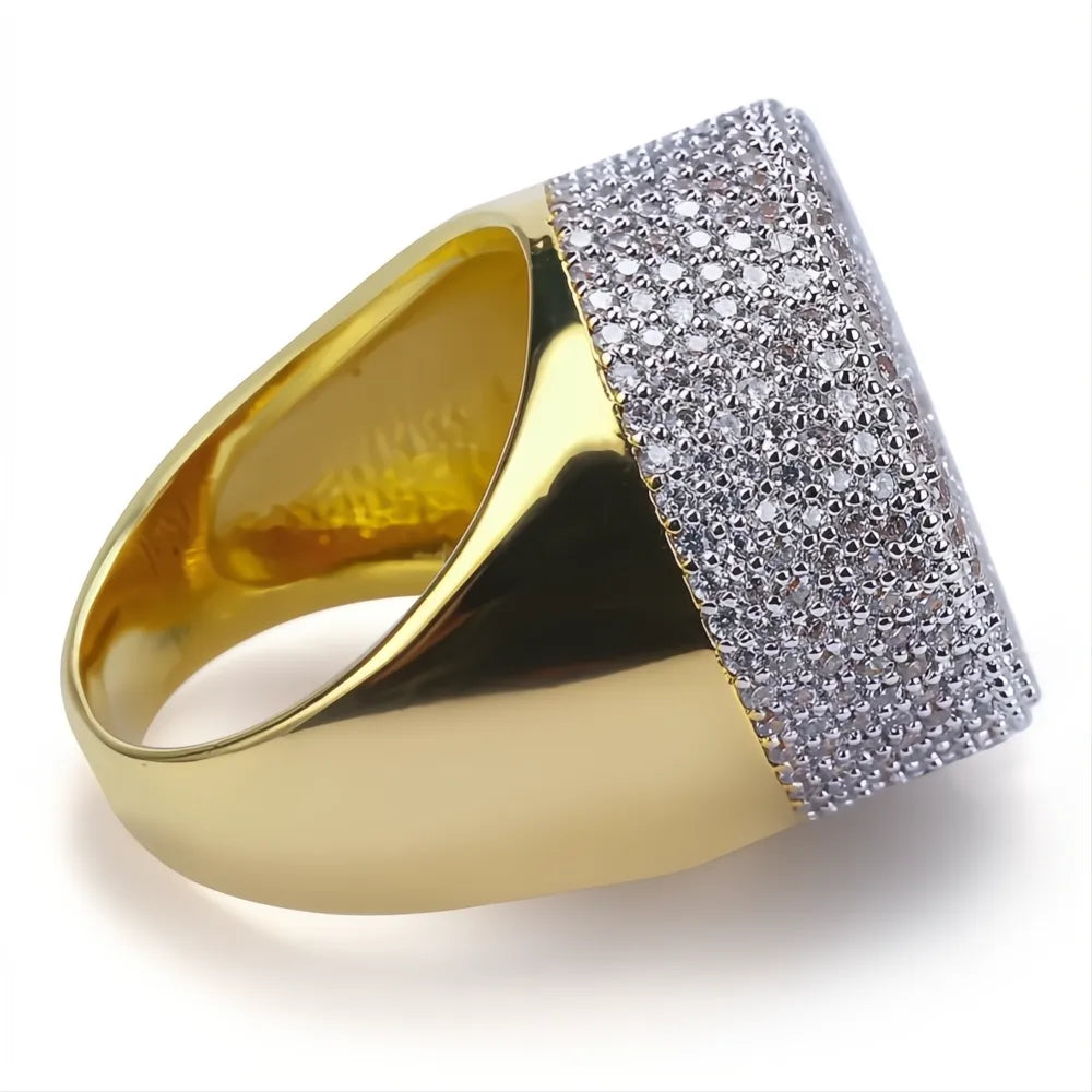 Hip Hop Iced Out Bling Ring – Gold Color Micro Pave CZ Round Ring for Men