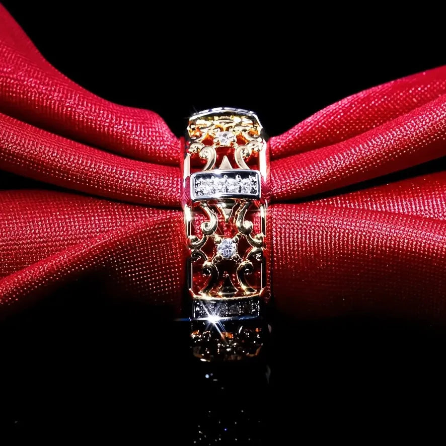 Ethnic Style Gold Hollow Band Ring with Geometric Cubic Zirconia Unisex