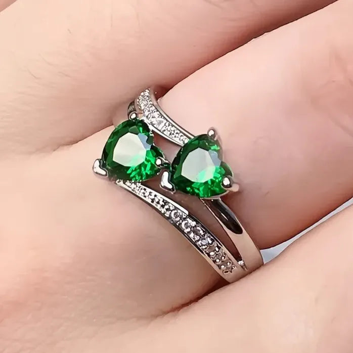 Silver-Plated Double Heart Cubic Zirconia Wedding Ring for Women Gift