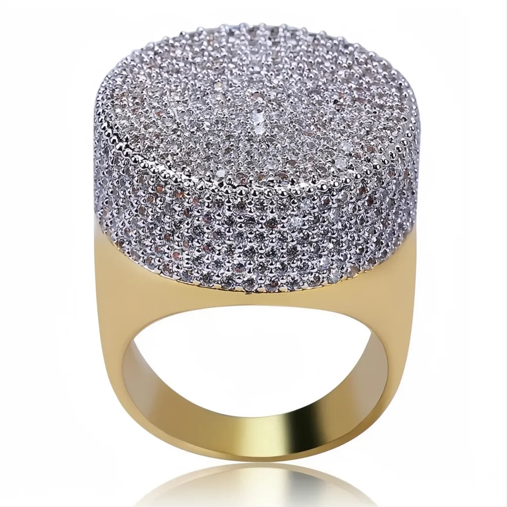 Hip Hop Iced Out Bling Ring – Gold Color Micro Pave CZ Round Ring for Men
