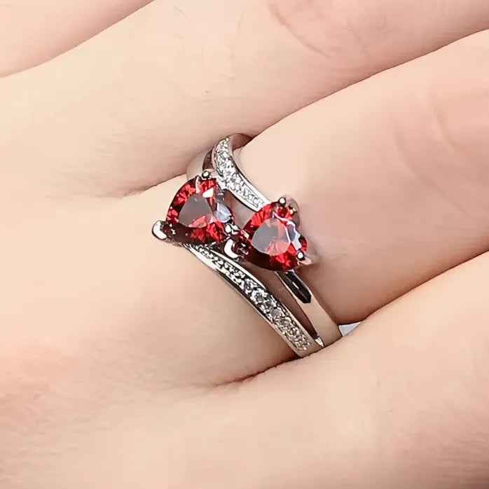 Silver-Plated Double Heart Cubic Zirconia Wedding Ring for Women Gift