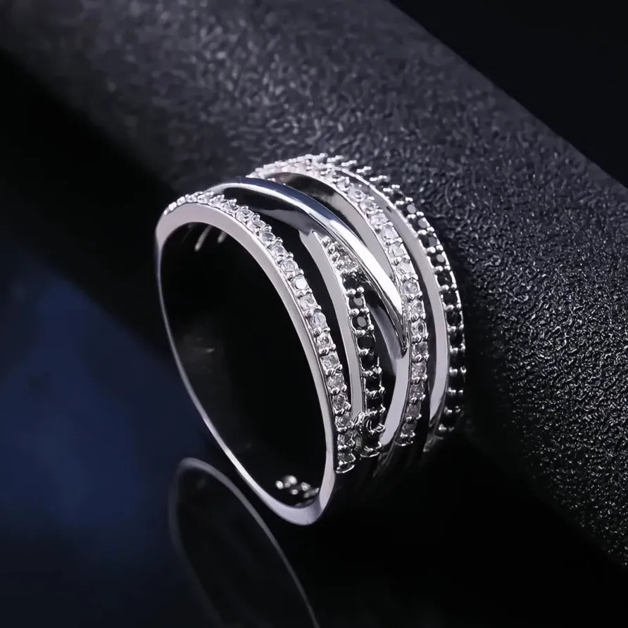 Layered Personality Ring with Black & White Zircon Birthday Gift for Women