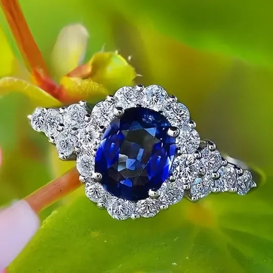 Vintage Boho Oval Ring with Deep Blue Cubic Zirconia Gemstone for Women