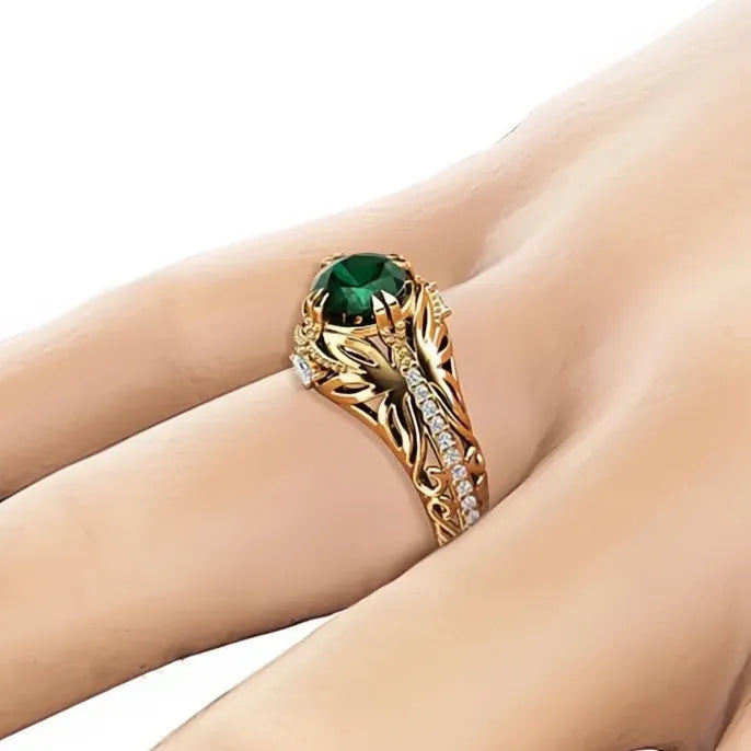 Vintage Gold Brass Women's Ring Plant Motif AAA Cubic Zirconia Prong Setting Jewelry