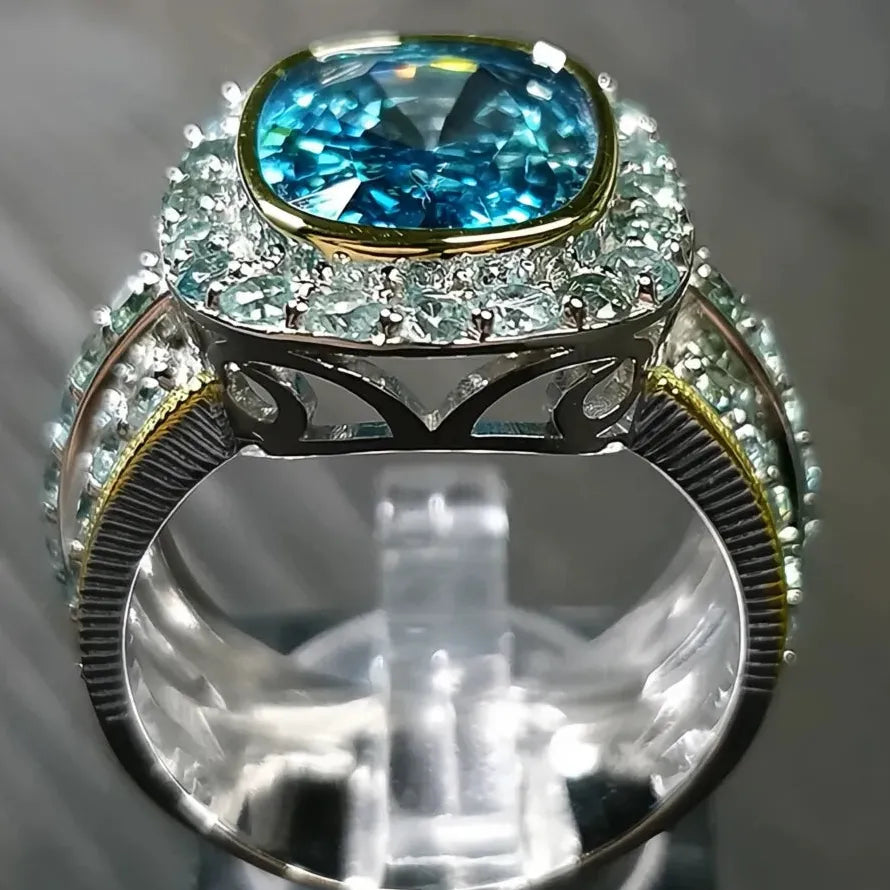 Women Two Tone Big Sky Blue Stone Ring Brass CZ Geometric Party Gift