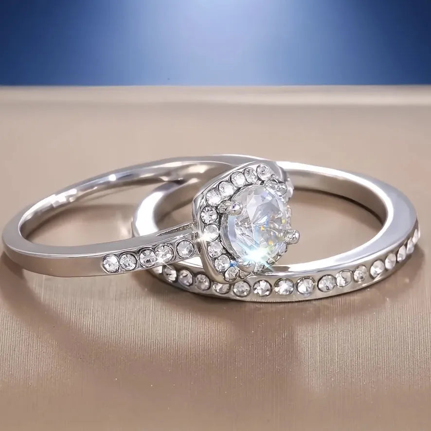 2PC Bridal Wedding Engagement Rings Zinc Alloy Cubic Zirconia Prong Setting Size 5-14