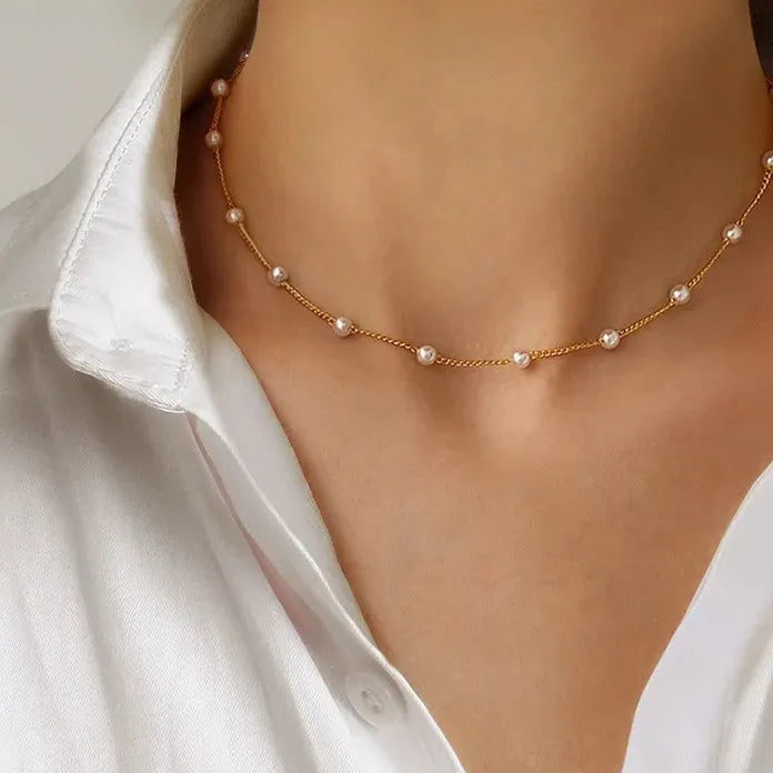 Imitation Pearl Choker Necklace for Women Double Layer Gold Chain Circle Pendant Gift