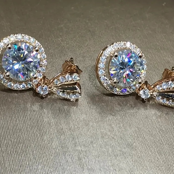 Gold Heart Copper Alloy Stud Earrings with Large Round CZ Pendant for Women