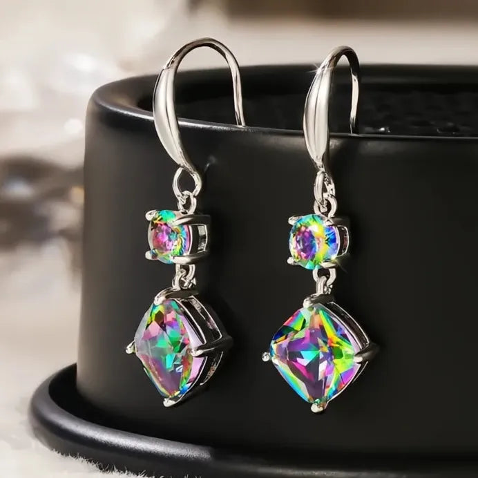 Classic Four Claw Multicolor CZ Geometric Stud Earrings for Women
