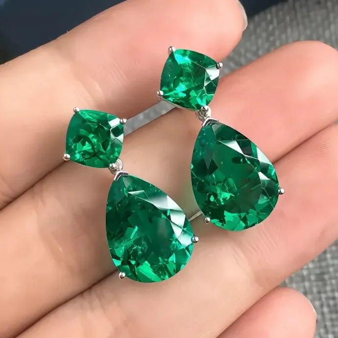 Vintage Green Geometric Copper CZ Drop Earrings for Women Gift