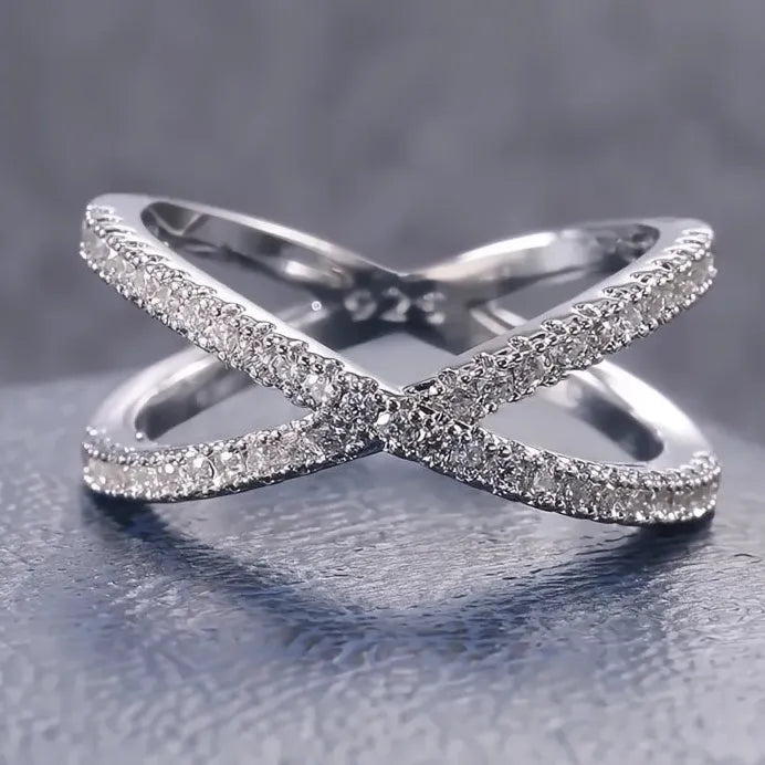 Women’s Luxury Cross X Shape Engagement Ring Silver CZ Paved Jewelry
