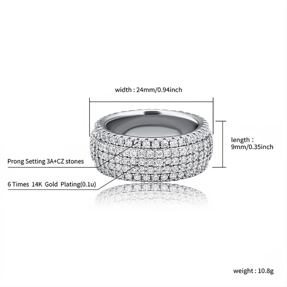5 Layer Iced Out CZ Band Ring – Full Micro Pave Hip Hop Ring for Men Women